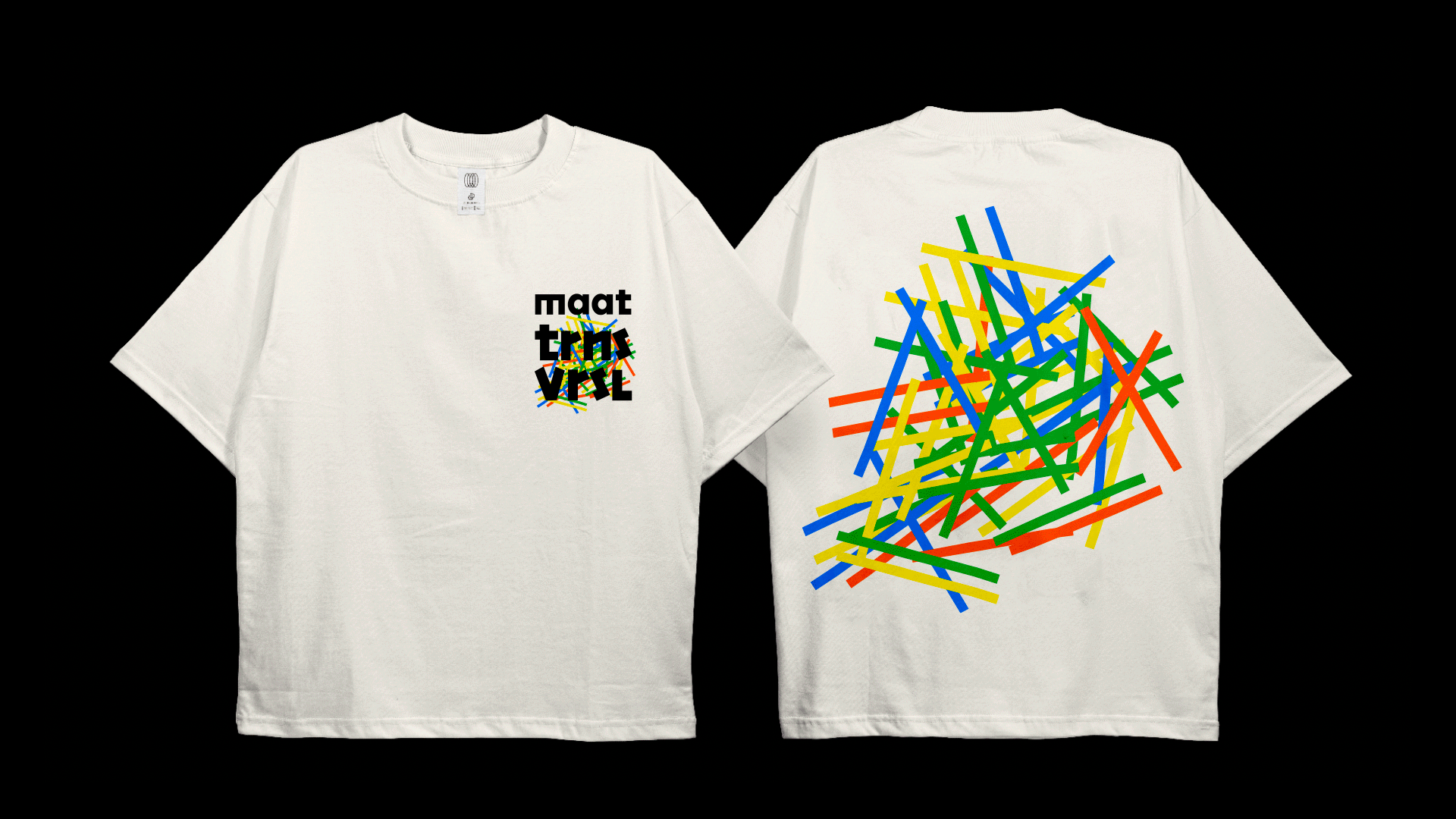 maat transversal white tshirt with several colorful sticks